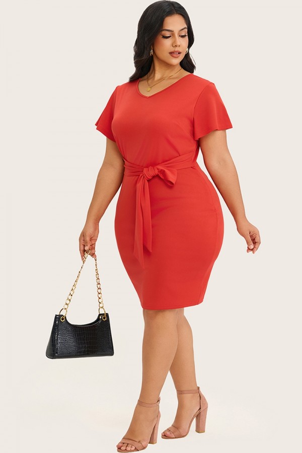 Vestido ajustado con nudo en la parte delantera y mangas de mariposa rojo