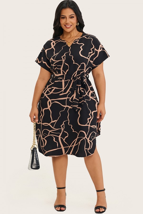 Vestido midi con cinturón y estampado gráfico con cuello con muesca