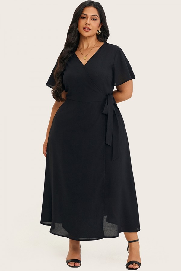 Vestido largo simple con nudo en el lado negro liso