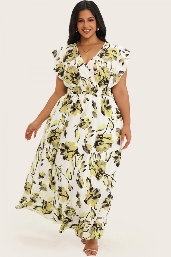 Vestido largo con estampado floral y dobladillo con volantes