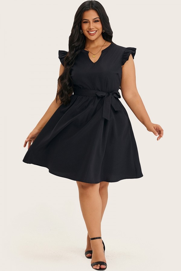 Vestido midi con cinturón y ribete de volante negro liso