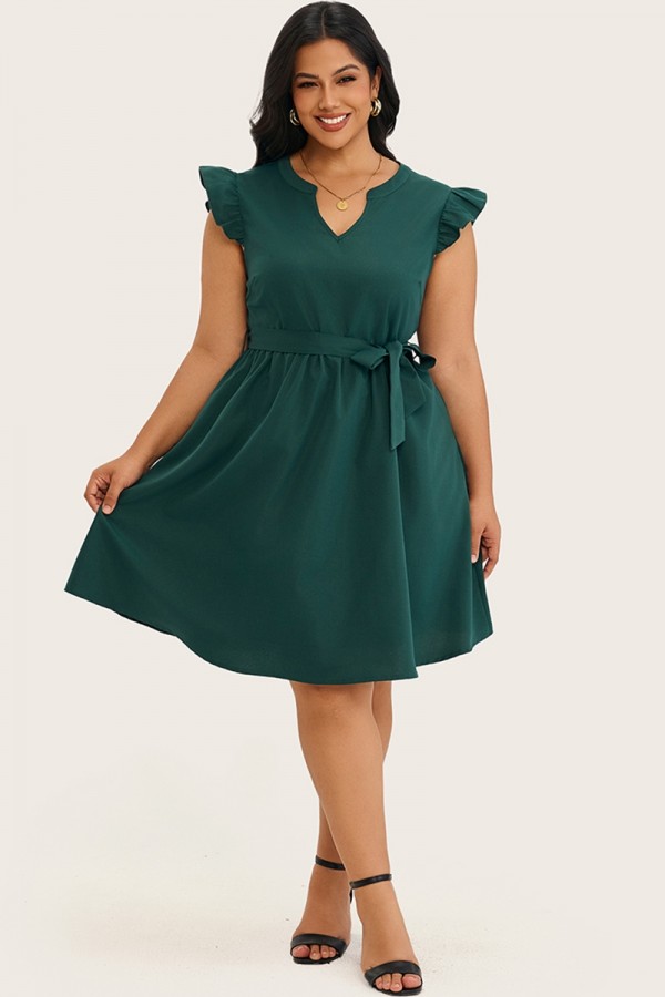 Vestido midi con cinturón y ribete de volante verde oscuro