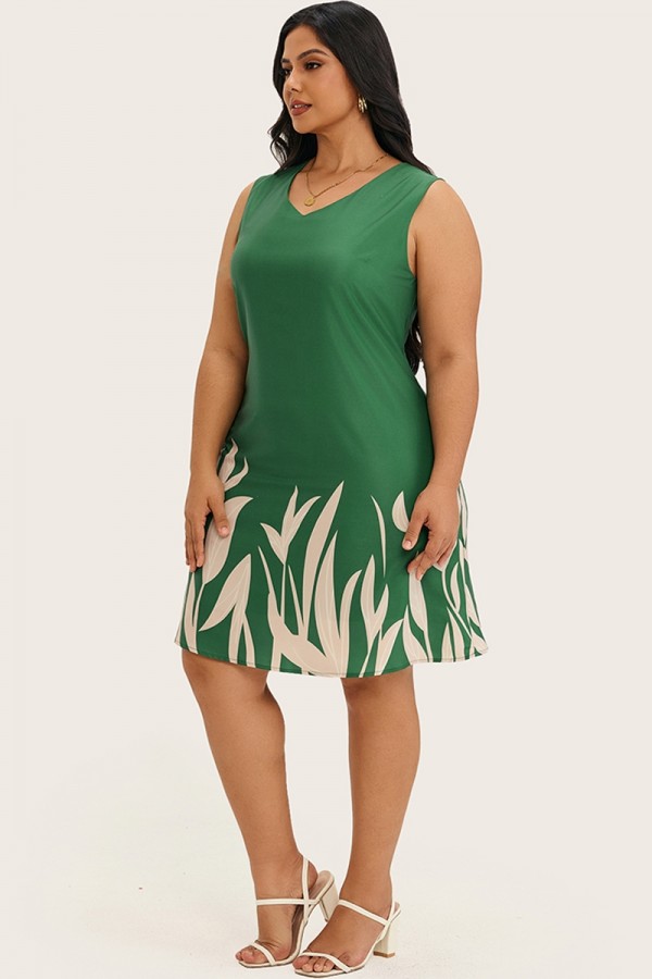Vestido midi estampado floral sin mangas con cuello en V verde
