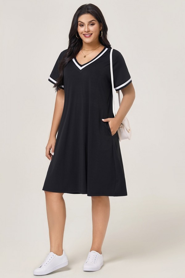 Vestido midi negro con escote en V, ribete blanco y bolsillos