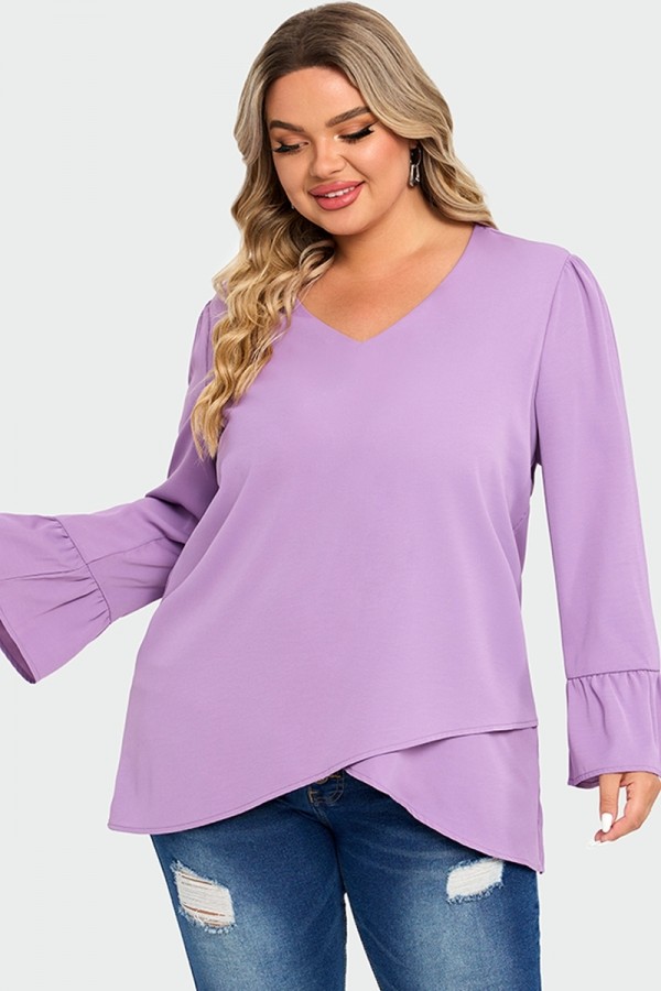 Blusa Violeta Asimétrica con Volantes y Dobladillo Cruzado