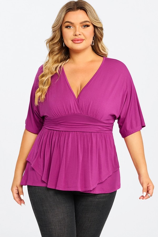 Top Violeta V-cuello de Manga Corta con Volantes