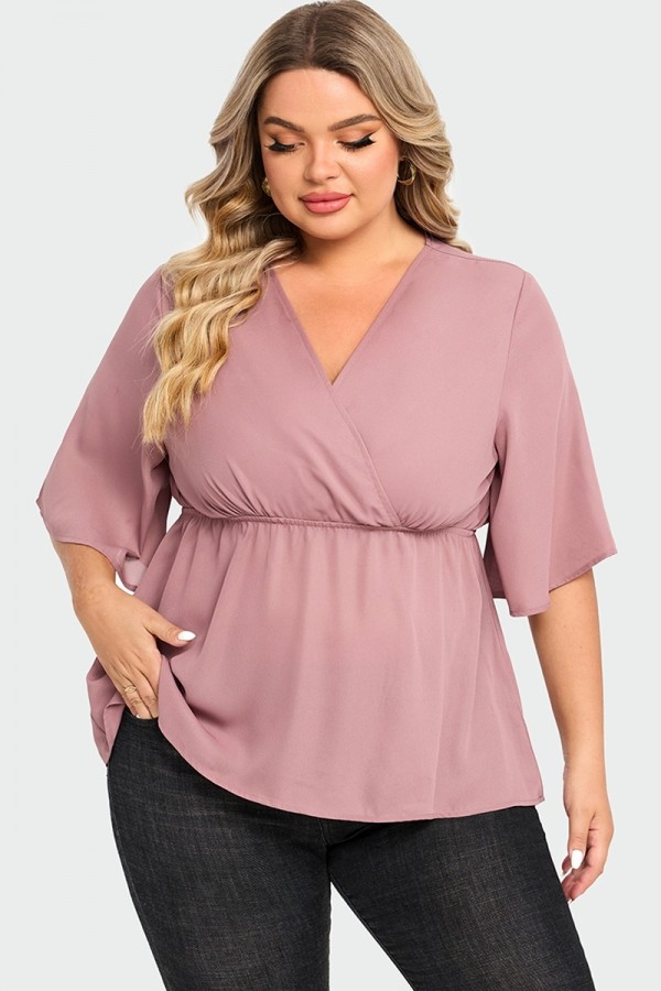 Blusa Rosa V-cuello de Manga Corta con Cinturón
