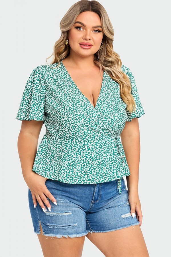 Blusa Nudo Cruzado de Manga Mariposa con Floral Estampado