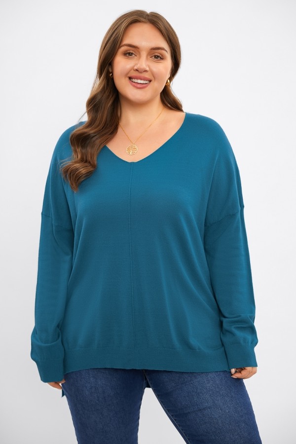 Top de Punto Suelto Azul V-Cuello con Empalme de Manga Larga