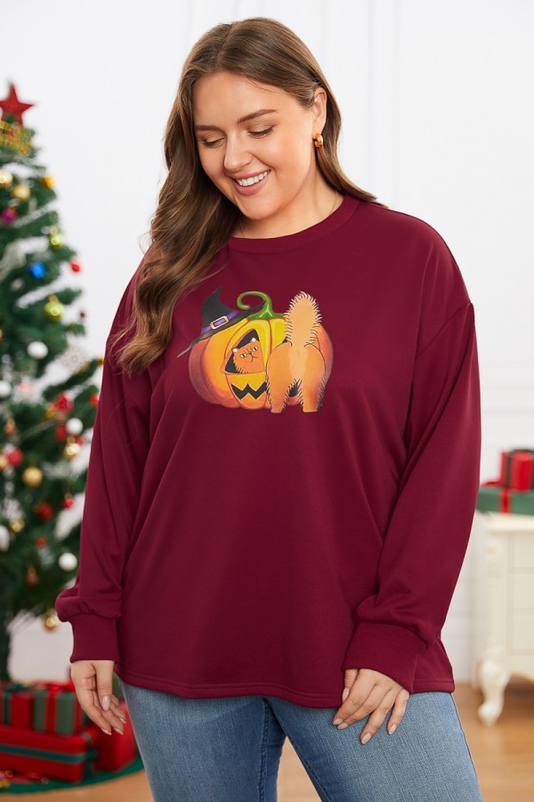 Sudadera Holgada de Manga Larga con Calabaza Gato Estampado de Halloween