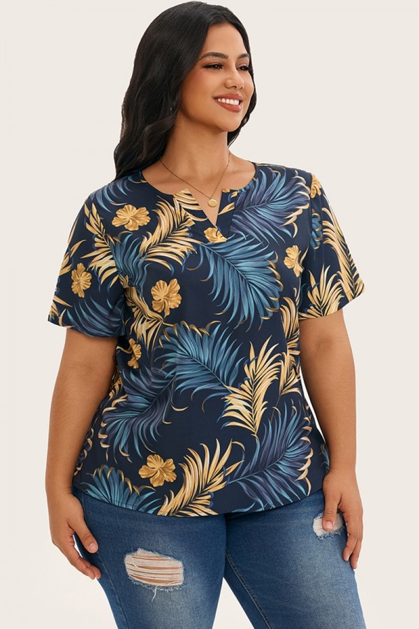Blusa informal con cuello con muescas y estampado de plantas tropicales