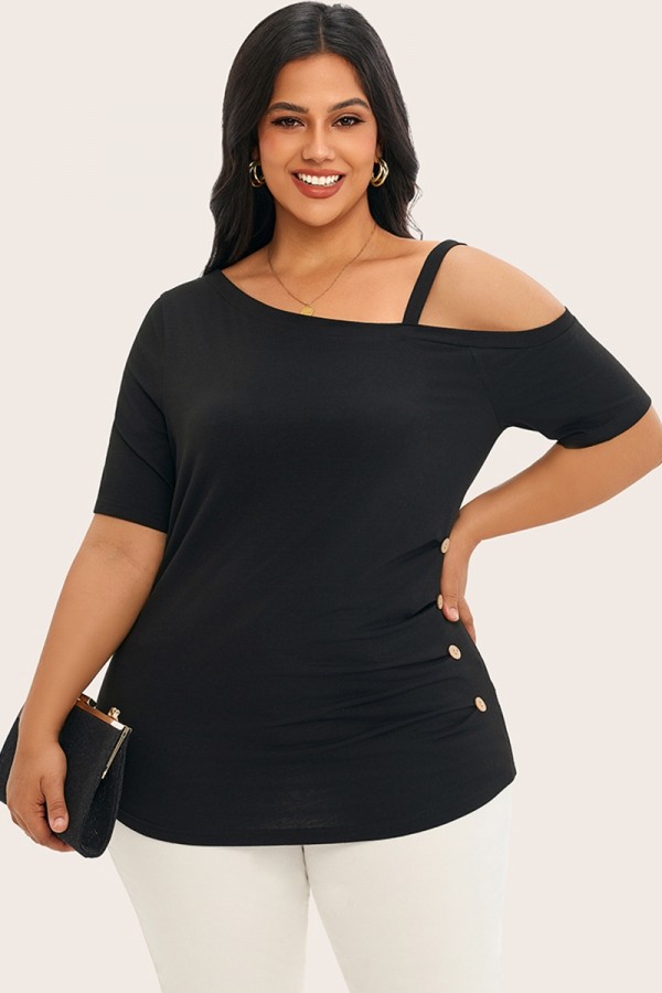 Camiseta fruncida con cuello asimétrico negro liso