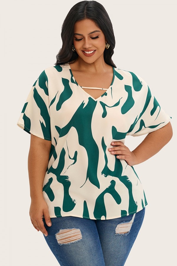 Blusa plisada con manga de murciélago y estampado gráfico verde