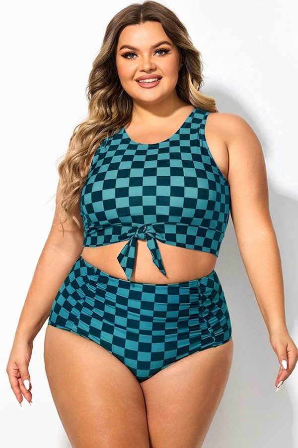 Top De Bikini De Talla Grande Corto Anudado A Cuadros Azules