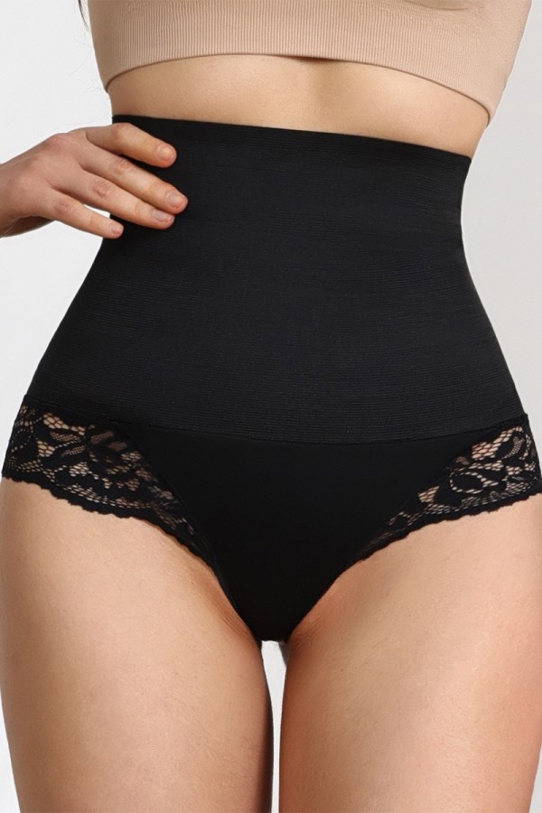 Shorts Moldeadores Negros Encaje De Talle Alto Con Control De Barriga