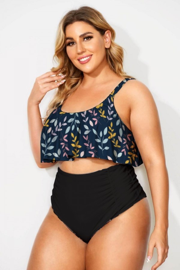 Top de bikini con volantes y cuello redondo con estampado de hojas de colores