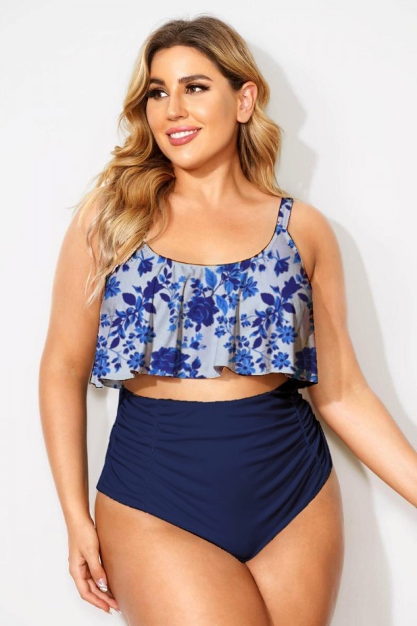 Top de bikini con cuello redondo y estampado estilo porcelana
