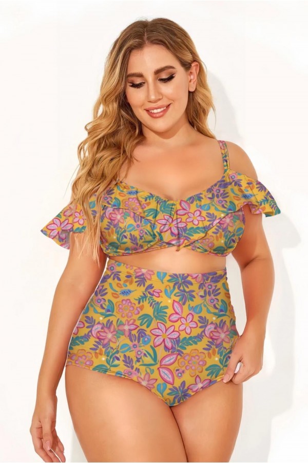 Top de bikini con aros y volantes Golden Garden para mujer
