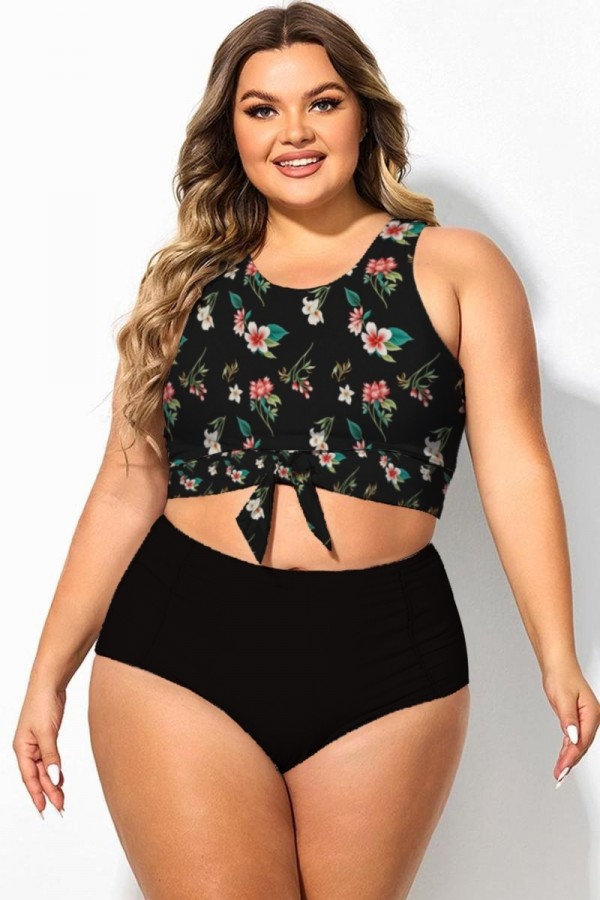 Midnight  Black Petals Knotted Crop Bikini Top