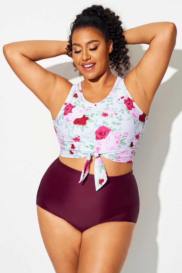 Top De Bikini Corto Anudado Con Estampado Floral En Color Vino Tinto