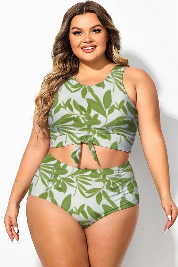 Top de bikini corto anudado verde tropical de talla grande
