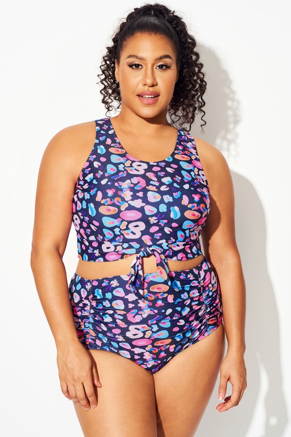 Top De Bikini Corto Anudado De Color Caramelo De Talla Grande