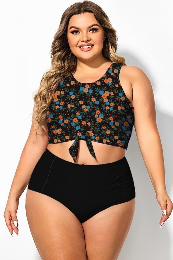 Top de bikini corto anudado con estampado floral azul y naranja de talla grande