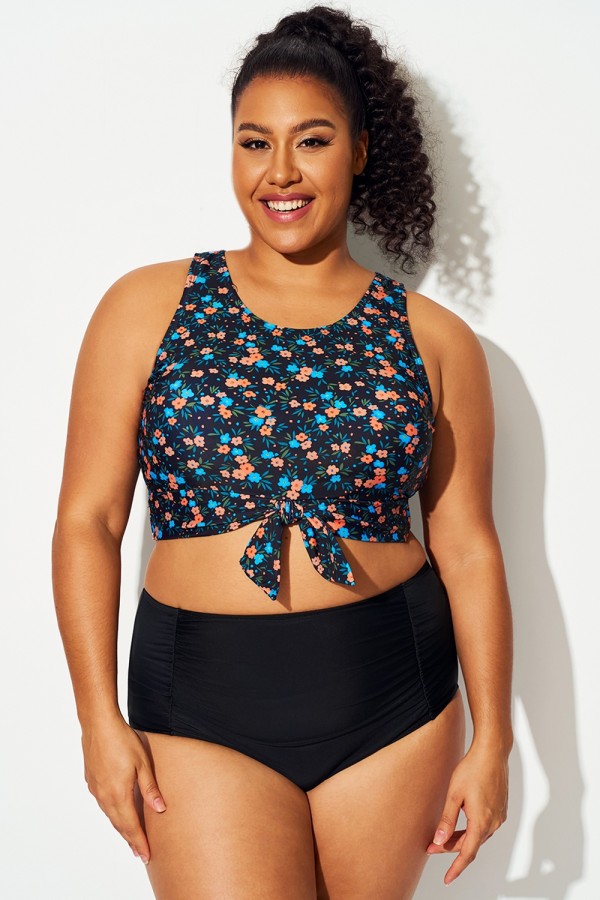 Top De Bikini Corto Anudado Con Estampado Floral Azul Y Naranja De Talla Grande