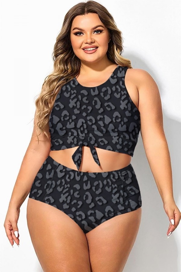 Top de bikini corto con estampado de leopardo gris