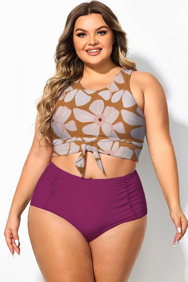 Top de bikini corto con estampado floral blanco de talla grande