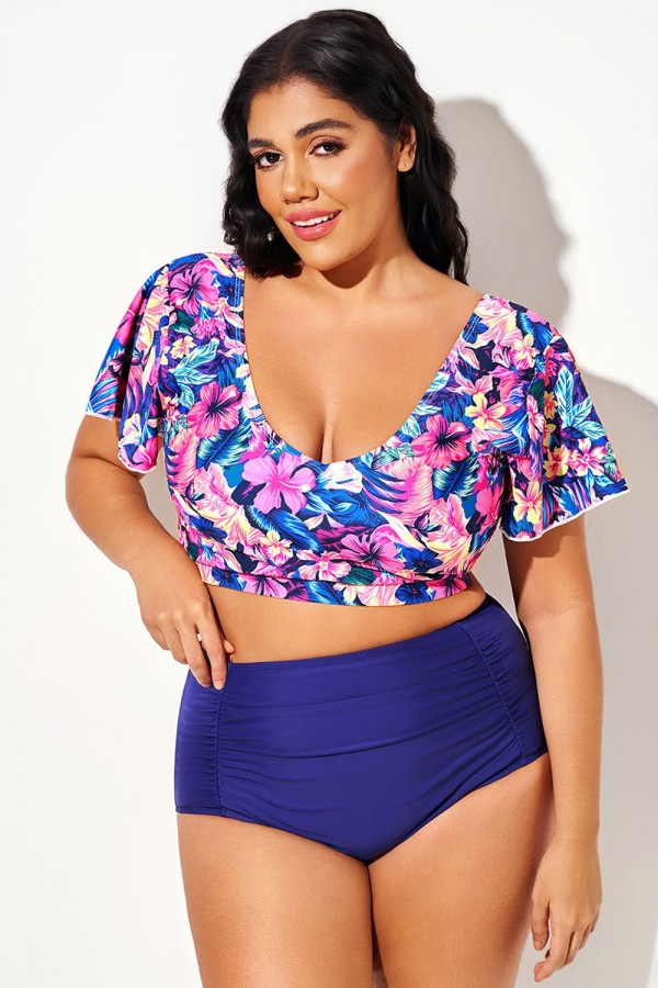 Top De Bikini Con Cuello En V Y Mangas Onduladas Con Estampado Floral Colorido