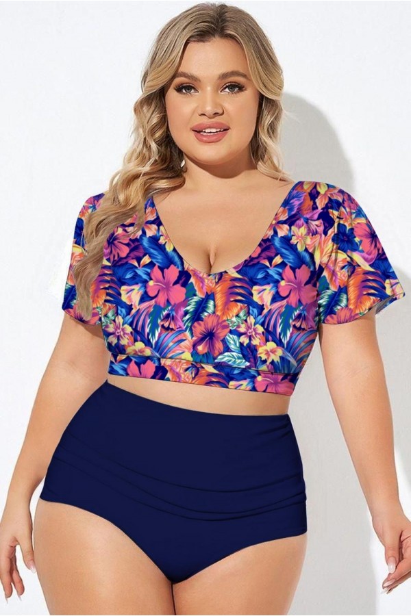 Top de bikini con cuello en V y mangas onduladas con estampado floral colorido