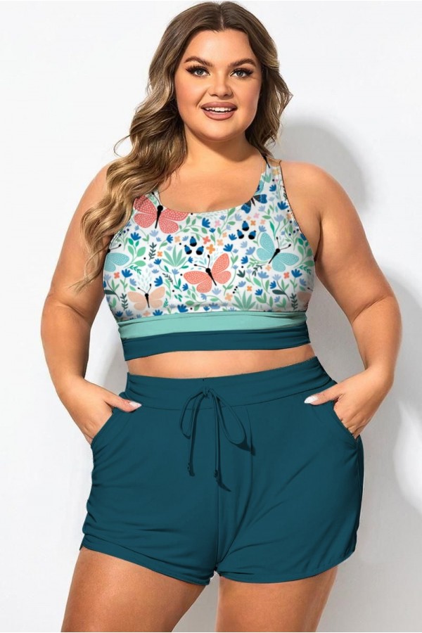 Top de bikini de patchwork verde menta con cuello redondo de talla grande