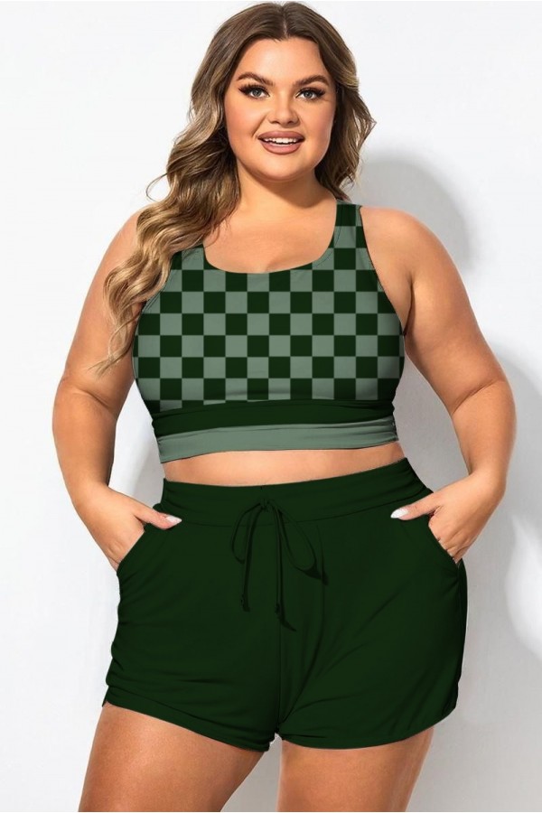 Top de bikini de patchwork con cuadros verdes y cuello redondo