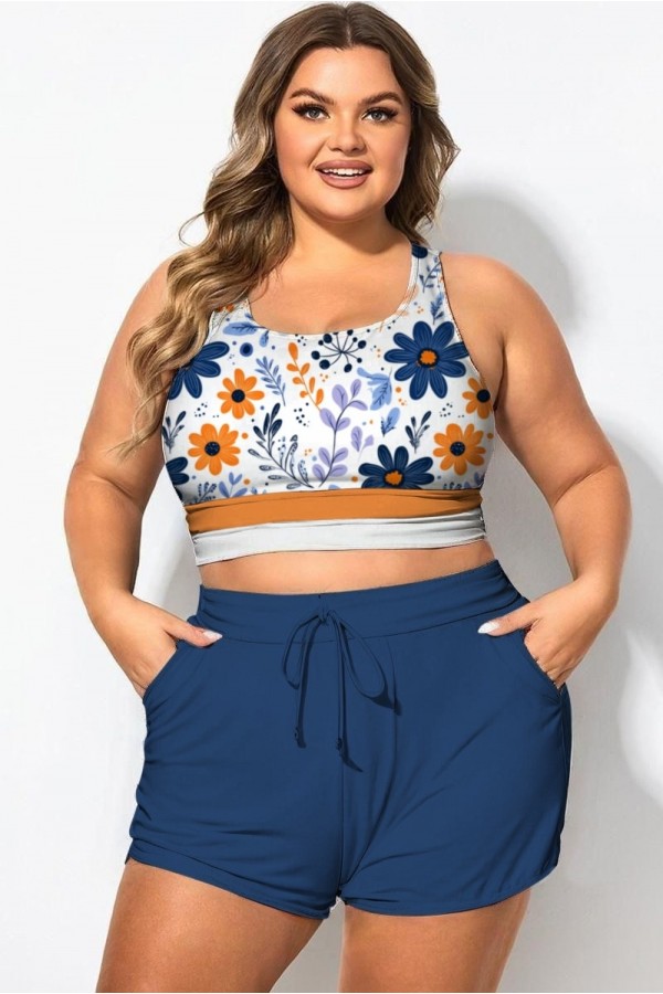 Top de bikini de patchwork con cuello redondo y estampado floral