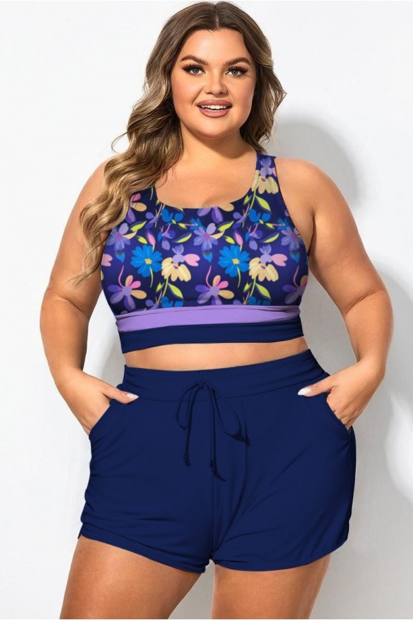 Top de bikini morado con cuello redondo y estampado floral de patchwork, talla grande
