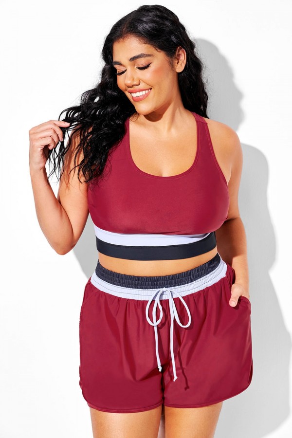 Top De Bikini De Patchwork Rojo Oscuro Con Cuello Redondo Y Talla Grande