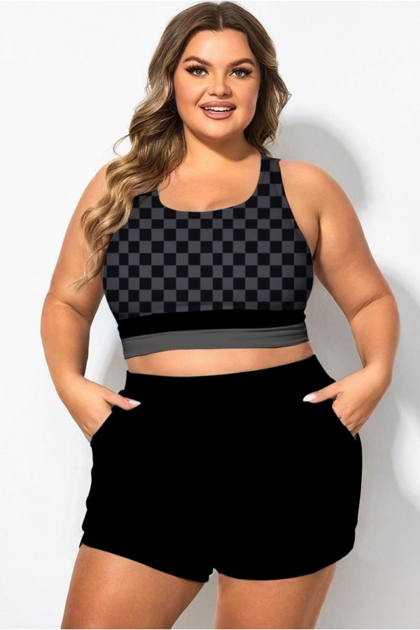 Top de bikini de patchwork con cuello redondo y cuadros negros y grises