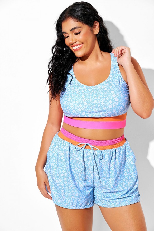 Top De Bikini De Patchwork Con Cuello Redondo Y Flores Azules