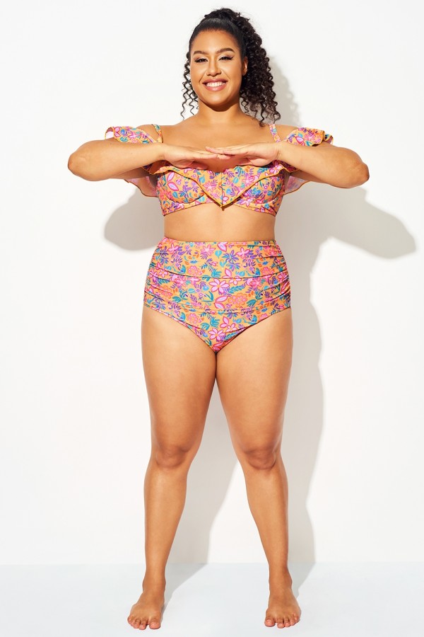 Braguita De Bikini De Cintura Alta Con Estampado De Jardín Dorado
