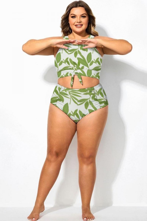 Parte inferior de cintura alta verde tropical de talla grande