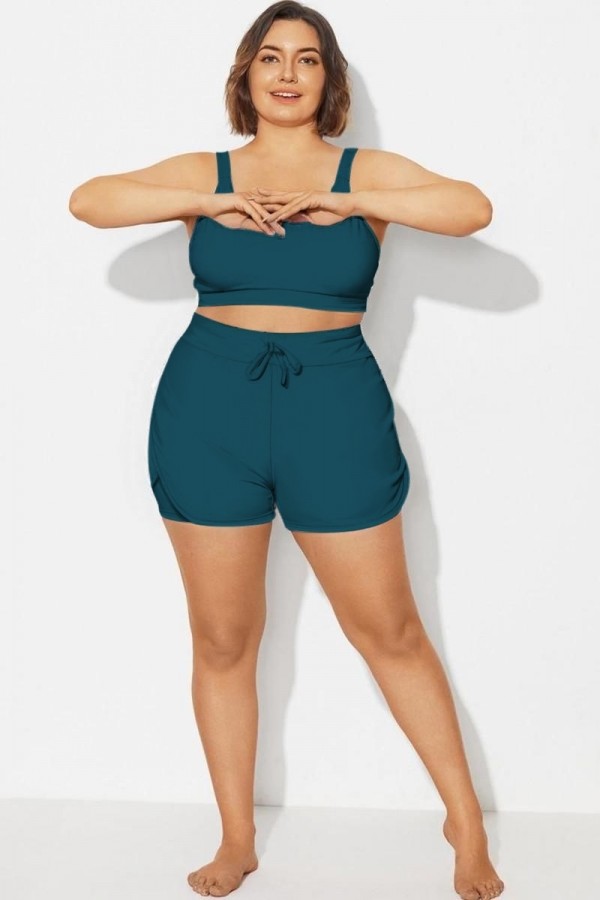 Pantalones cortos de cintura media para mujer, talla grande, color azul cian