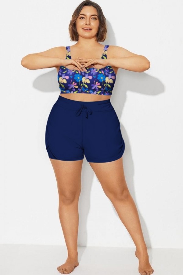 Pantalones cortos de talle medio con parches en azul oscuro de talla grande para mujer