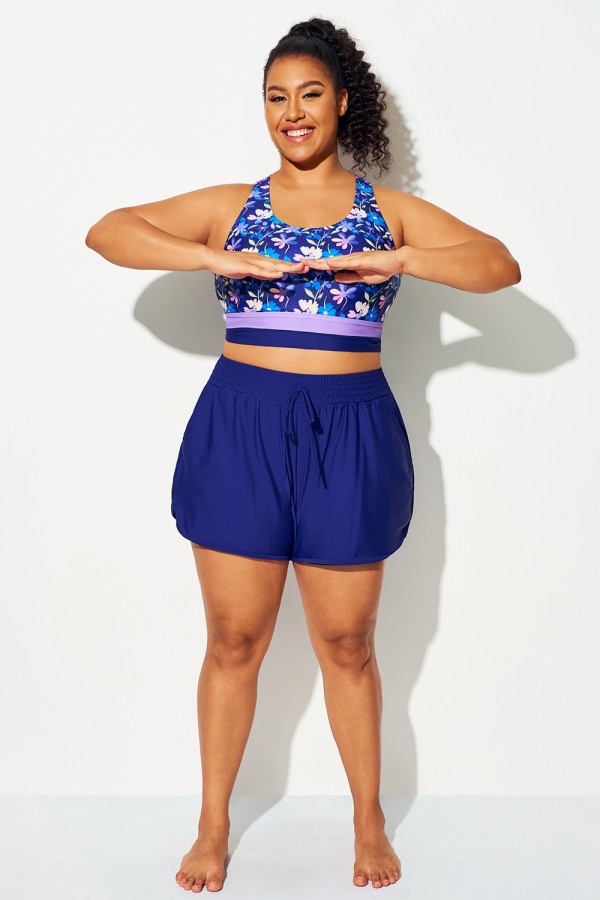 Pantalones Cortos De Talle Medio Con Parches En Azul Oscuro De Talla Grande Para Mujer