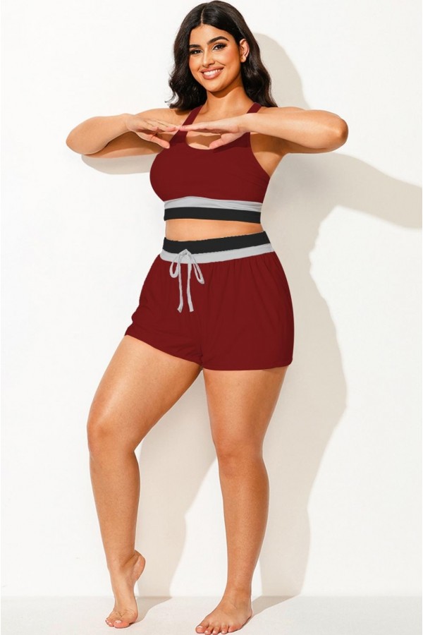 Pantalones cortos de cintura media para mujer, de talla grande, color rojo oscuro
