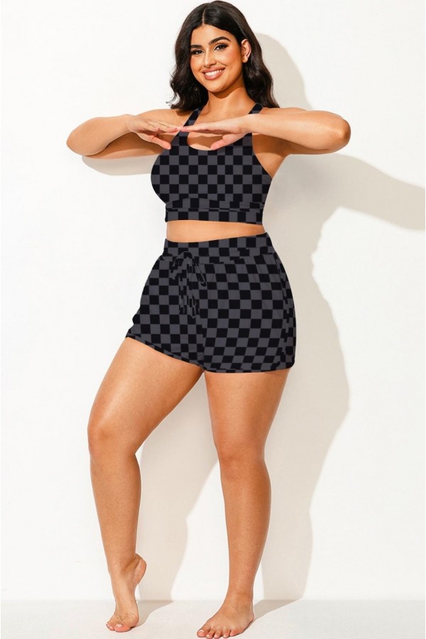 Pantalones cortos de cintura media con cuadros negros de talla grande para mujer