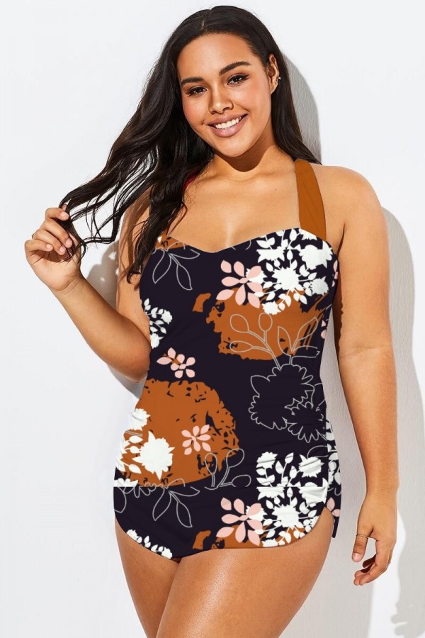 Traje de baño de una pieza con pareo en la parte delantera y espalda en H en color marrón caramelo