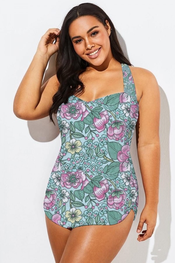 Traje de baño de una pieza con pareo floral rosa