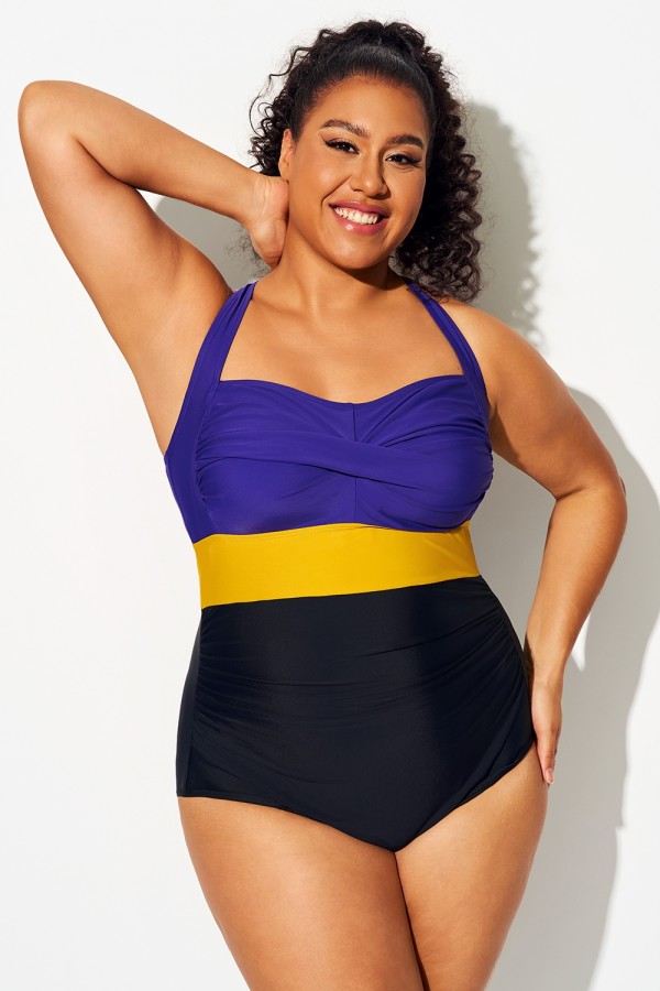 Traje De Baño Ajustado De Una Pieza En Azul Oscuro Y Amarillo Atardecer