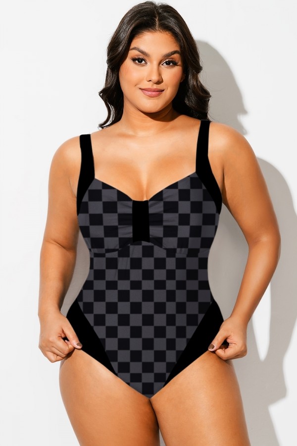 Traje de baño de una pieza con cuello en V y estampado de cuadros negros